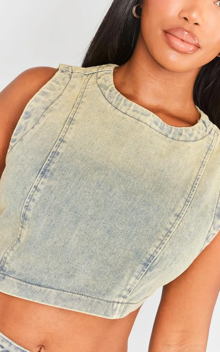Shape Indigo Vintage Wash Denim Washed Asymmetric Crop Top