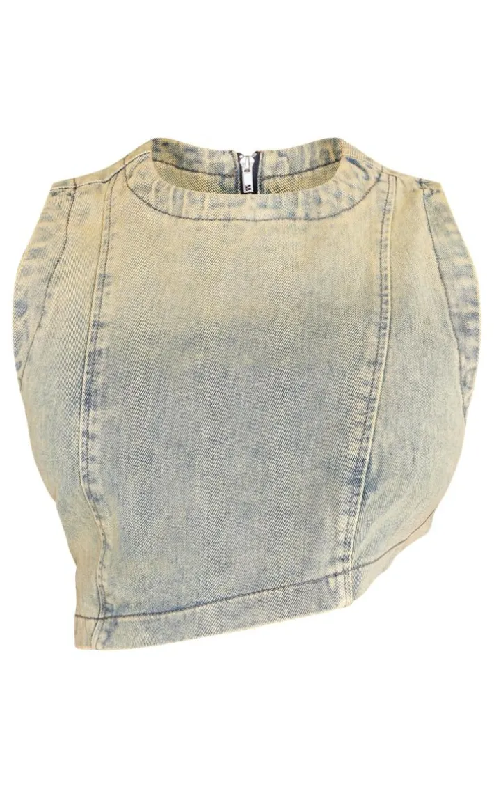 Shape Indigo Vintage Wash Denim Washed Asymmetric Crop Top