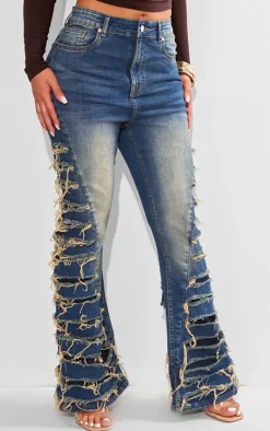 Shape Indigo Vintage Wash Denim Extreme Ripped Flare Jeans