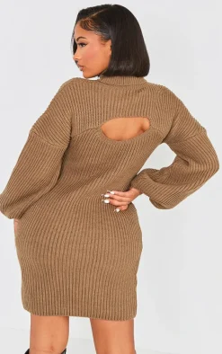 Shape Khaki 2 In 1 High Neck Balloon Sleeve Bodycon Sweater Dress