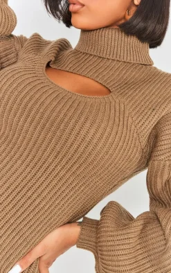 Shape Khaki 2 In 1 High Neck Balloon Sleeve Bodycon Sweater Dress