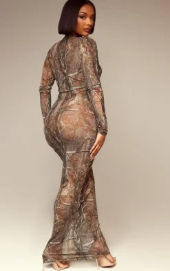 Shape Khaki Abstract Camo Print Long Sleeve Maxi Dress