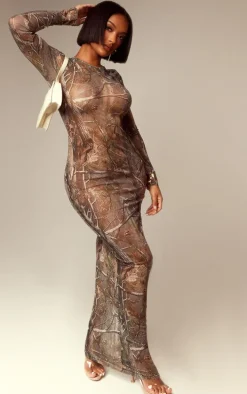 Shape Khaki Abstract Camo Print Long Sleeve Maxi Dress