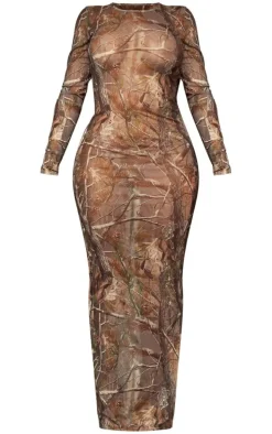 Shape Khaki Abstract Camo Print Long Sleeve Maxi Dress