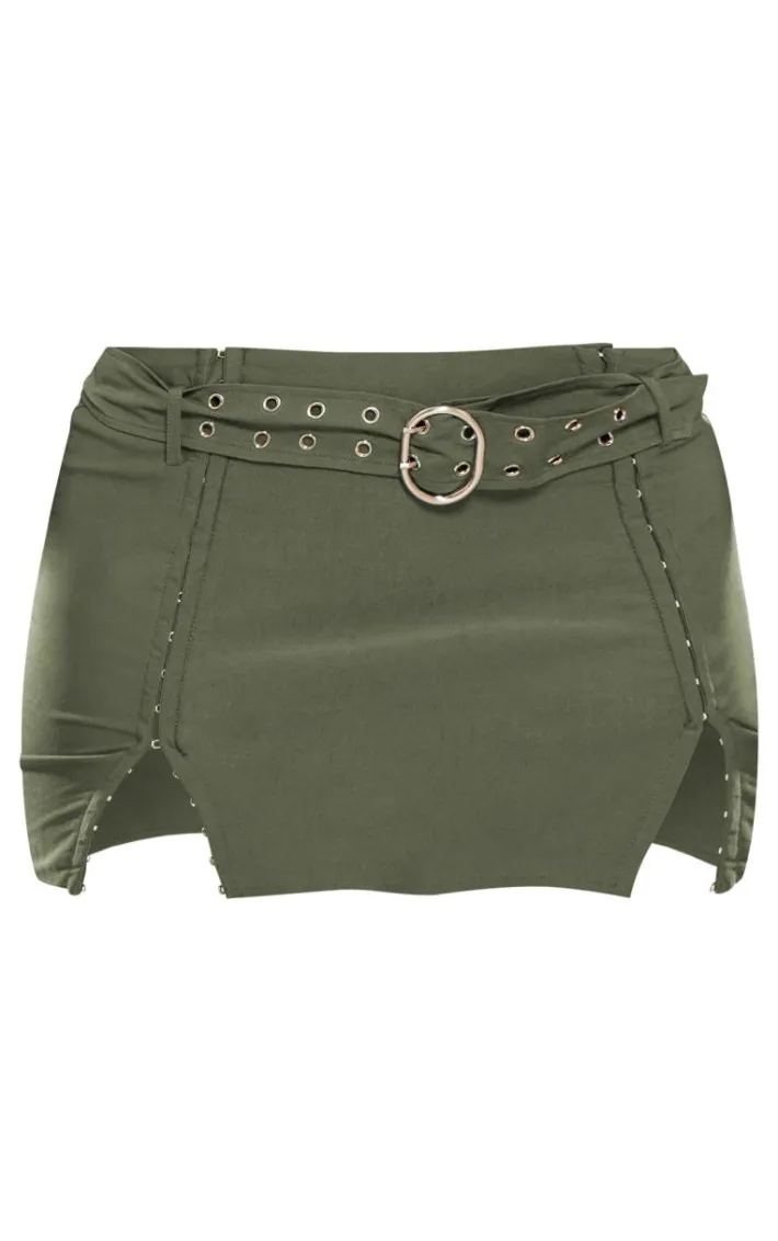 Shape Khaki Belted Utility Split Front Mini Skirt