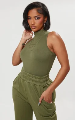 Shape Khaki Cotton High Neck Sleeveless Bodysuit