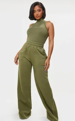 Shape Khaki Cotton High Neck Sleeveless Bodysuit