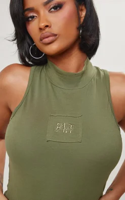 Shape Khaki Cotton High Neck Sleeveless Bodysuit