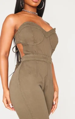 Shape Khaki Cup Detail Tie Back Denim Jumpsuit