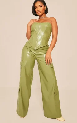 Shape Khaki Faux Leather Straight Leg Cargo Pants