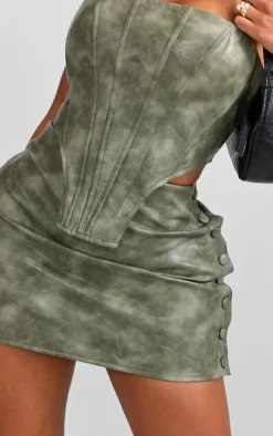 Shape Khaki Faux Leather Button Side Mini Skirt