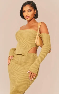 Shape Khaki Knit Bardot Split Side Detail Top