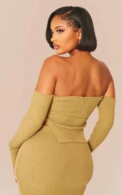 Shape Khaki Knit Bardot Split Side Detail Top