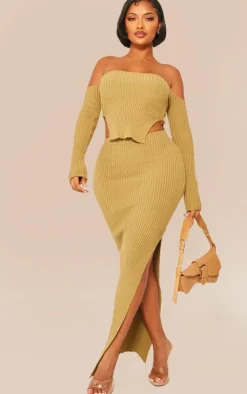 Shape Khaki Knit Split Side Detail Midaxi Skirt