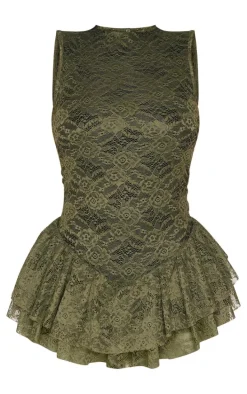 Shape Khaki Lace Dropped Hem Multi Frill Romper