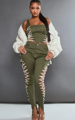 Shape Khaki Lace Up Side Skinny Jeans