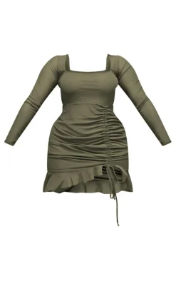 Shape Khaki Mesh Long Sleeve Ruched Side Frill Hem Bodycon Dress
