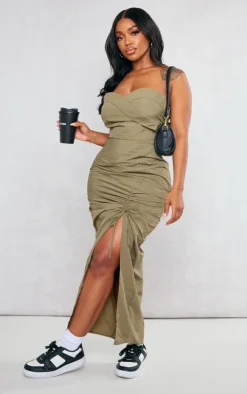 Shape Khaki Parachute Ruched Split Front Midaxi Skirt