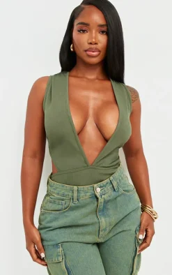 Shape Khaki Rib Plunge Front Open Back Bodysuit