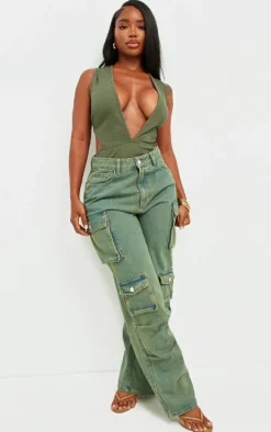 Shape Khaki Rib Plunge Front Open Back Bodysuit