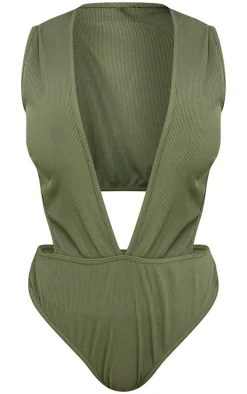 Shape Khaki Rib Plunge Front Open Back Bodysuit