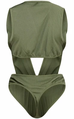 Shape Khaki Rib Plunge Front Open Back Bodysuit