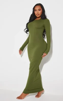 Shape Khaki Sculpted Long Sleeve Maxi Bodycon Dress