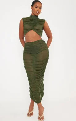 Shape Khaki Sheer Mesh Ruched Front Midaxi Skirt