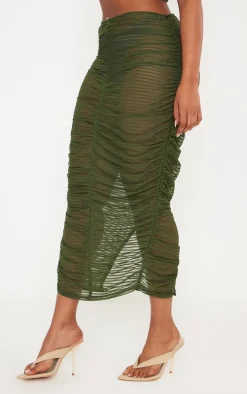 Shape Khaki Sheer Mesh Ruched Front Midaxi Skirt