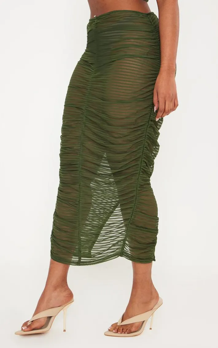 Shape Khaki Sheer Mesh Ruched Front Midaxi Skirt