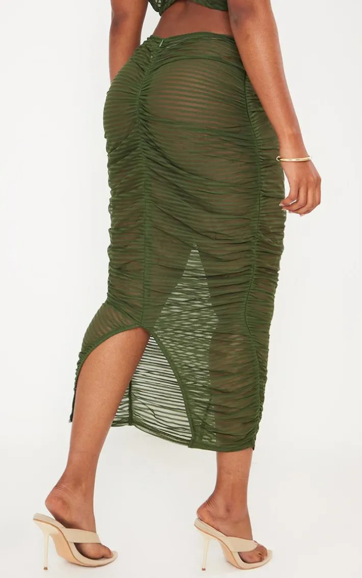 Shape Khaki Sheer Mesh Ruched Front Midaxi Skirt