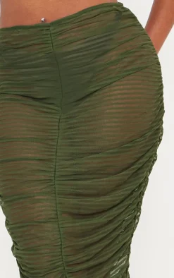 Shape Khaki Sheer Mesh Ruched Front Midaxi Skirt