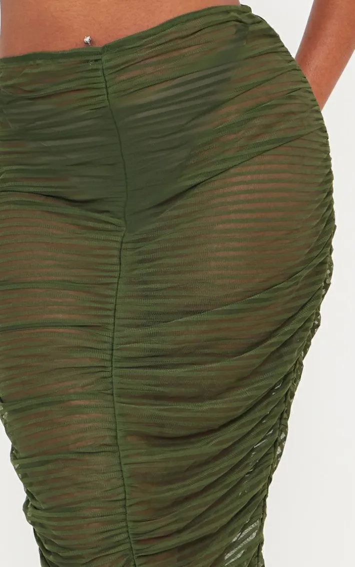 Shape Khaki Sheer Mesh Ruched Front Midaxi Skirt