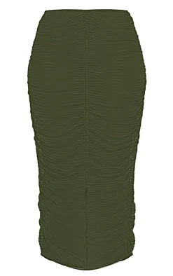 Shape Khaki Sheer Mesh Ruched Front Midaxi Skirt