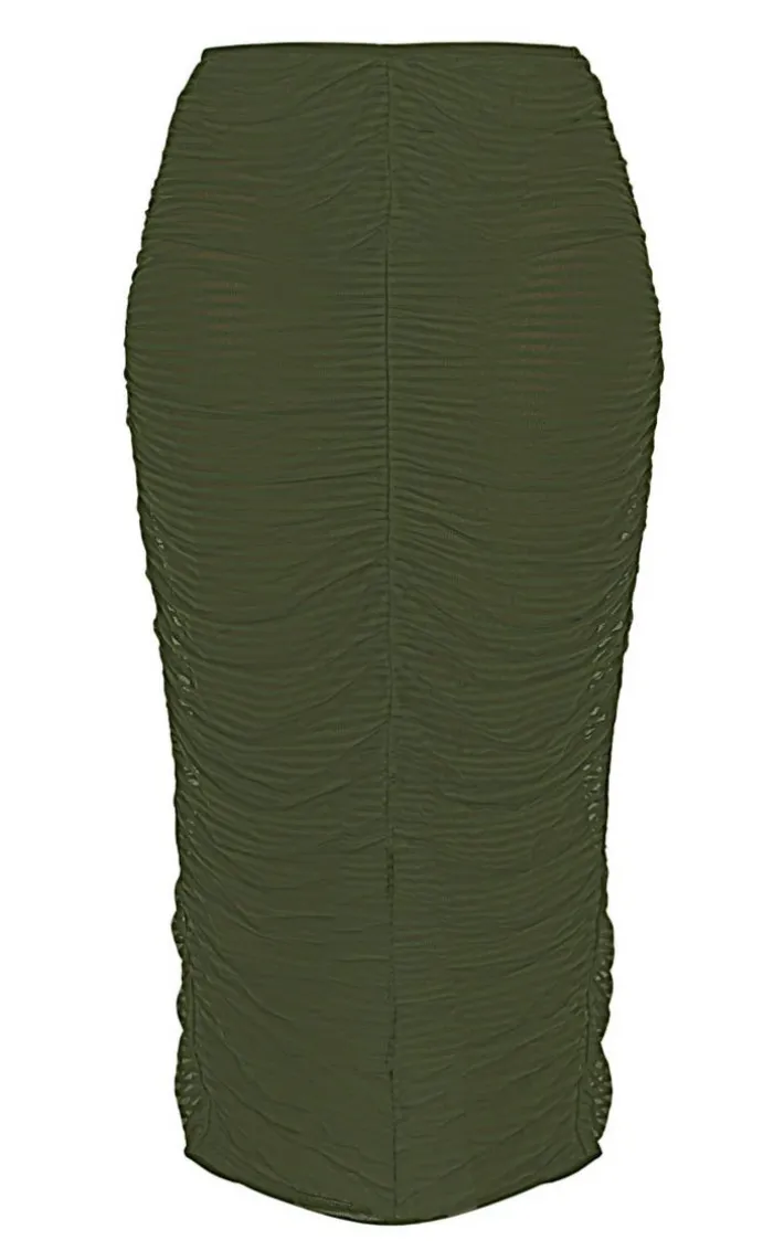 Shape Khaki Sheer Mesh Ruched Front Midaxi Skirt
