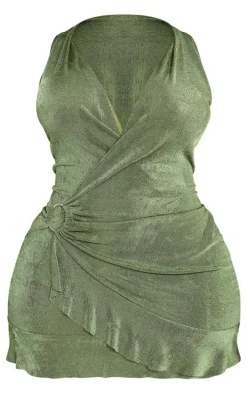 Shape Khaki Slinky Acetate Ring Wrap Detail Mini Dress