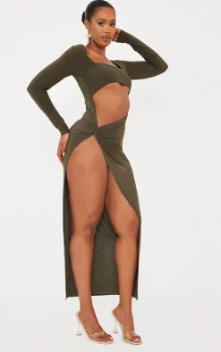 Shape Khaki Slinky Cut Out Knot Side Midaxi Dress