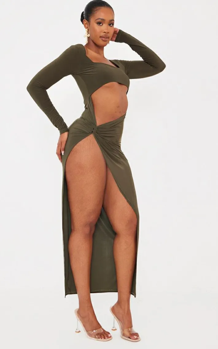 Shape Khaki Slinky Cut Out Knot Side Midaxi Dress