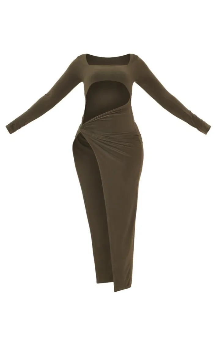 Shape Khaki Slinky Cut Out Knot Side Midaxi Dress