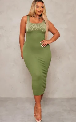 Shape Khaki Snatched Rib Contrast Midi Dress