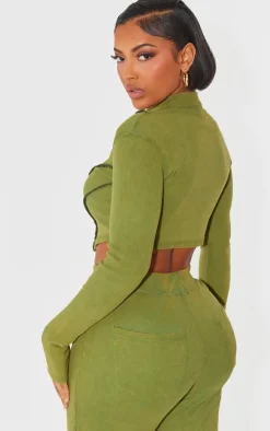 Shape Khaki Soft Rib Seam Detail Long Sleeve Cropped Jacket