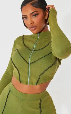 Shape Khaki Soft Rib Seam Detail Long Sleeve Cropped Jacket