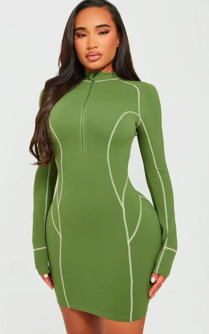 Shape Khaki Soft Seamless Contrast Long Sleeve Bodycon Dress