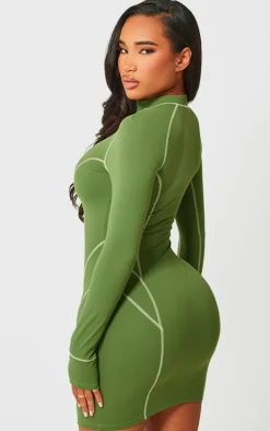 Shape Khaki Soft Seamless Contrast Long Sleeve Bodycon Dress