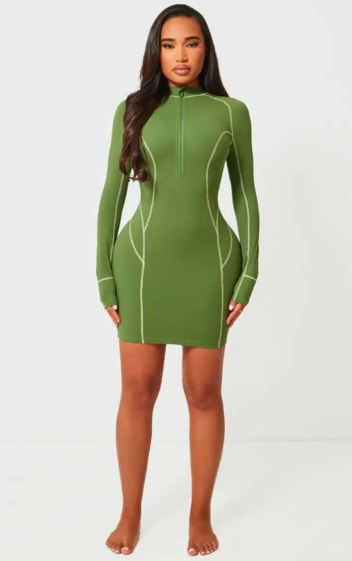 Shape Khaki Soft Seamless Contrast Long Sleeve Bodycon Dress