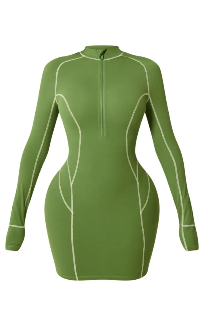 Shape Khaki Soft Seamless Contrast Long Sleeve Bodycon Dress