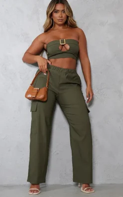 Shape Khaki Stretch Woven Pocket Detail Wide Leg Pants