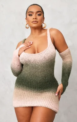 Shape Khaki Stripe Knit Square Neck Bardot Sleeve Dress