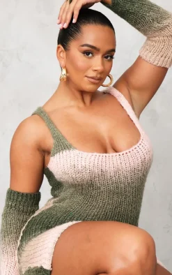 Shape Khaki Stripe Knit Square Neck Bardot Sleeve Dress