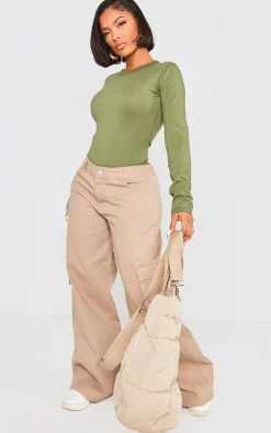 Shape Khaki Washed Cotton Long Sleeve Crew Neck Bodysuit
